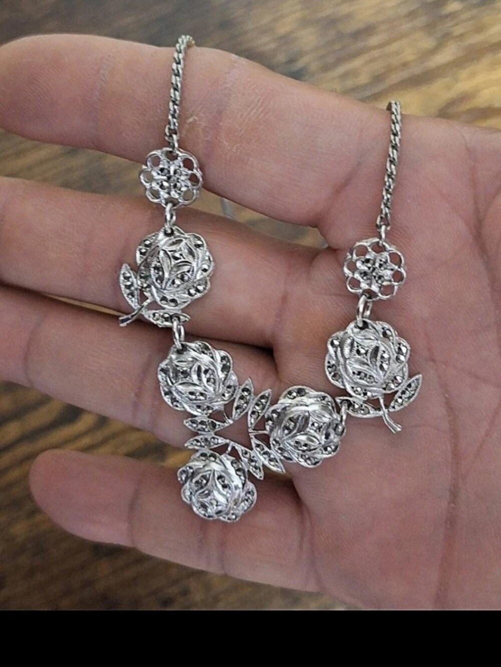 Beautiful Vintage 1980s Silver Tone & Marcasite Rose Bud Pendant Necklace